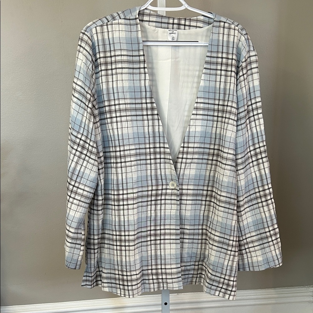 Melrose and Market Plaid Blazer - Light Blue and White